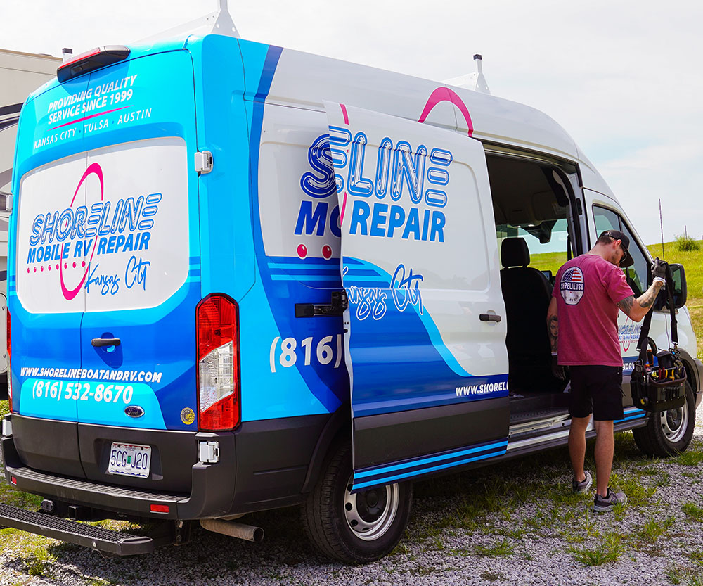 Shoreline Mobile RV Repair vehicle with Josh grabbing his tool bag